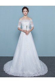 A-line Off-the-shoulder Half Sleeve Wedding Dress with Flower(s)