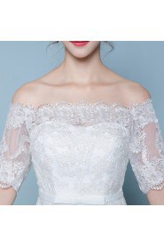 A-line Off-the-shoulder Half Sleeve Wedding Dress with Flower(s)