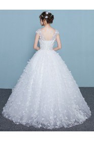 Ball Gown Scoop Cap Sleeve Wedding Dress with Flower(s)