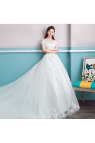 Ball Gown Off-the-shoulder Short Sleeve Wedding Dress with Crystal