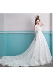 A-line Scoop Short Sleeve Wedding Dress with Flower(s)