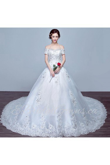 Ball Gown Off-the-shoulder Short Sleeve Wedding Dress with Crystal