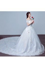 Ball Gown Off-the-shoulder Short Sleeve Wedding Dress with Crystal