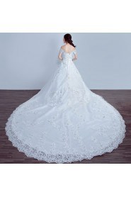 Ball Gown Off-the-shoulder Short Sleeve Wedding Dress with Crystal