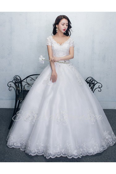 Ball Gown V-neck Short Sleeve Wedding Dress with Flower(s)