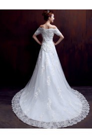 A-line Off-the-shoulder Short Sleeve Wedding Dress with Flower(s)