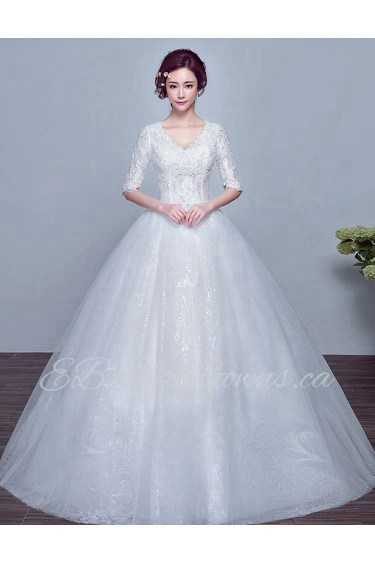 Ball Gown V-neck Half Sleeve Wedding Dress with Flower(s)