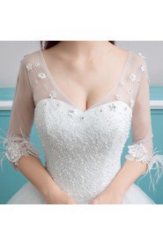 Ball Gown V-neck 3/4 Length Sleeve Wedding Dress with Flower(s)