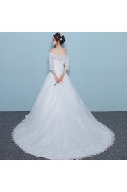 A-line Off-the-shoulder Half Sleeve Wedding Dress with Flower(s)