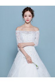 A-line Off-the-shoulder Half Sleeve Wedding Dress with Flower(s)