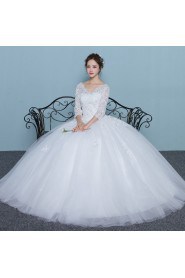 Ball Gown V-neck 3/4 Length Sleeve Wedding Dress with Flower(s)