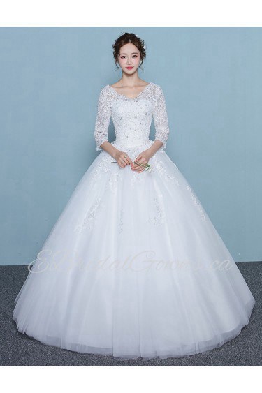 Ball Gown V-neck 3/4 Length Sleeve Wedding Dress with Flower(s)