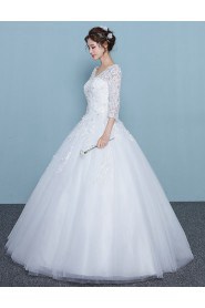 Ball Gown V-neck 3/4 Length Sleeve Wedding Dress with Flower(s)