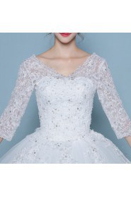 Ball Gown V-neck 3/4 Length Sleeve Wedding Dress with Flower(s)