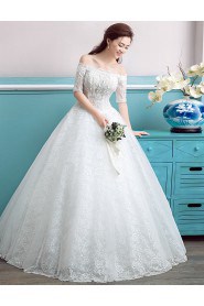 Ball Gown Off-the-shoulder Short Sleeve Wedding Dress with Flower(s)