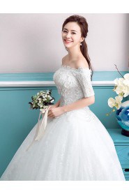 Ball Gown Off-the-shoulder Short Sleeve Wedding Dress with Flower(s)