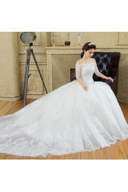 A-line Off-the-shoulder Half Sleeve Wedding Dress with Flower(s)