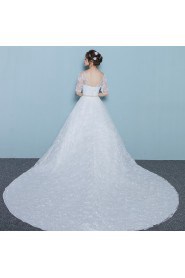 A-line Scoop Half Sleeve Wedding Dress with Flower(s)