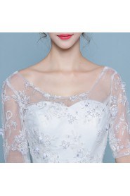 A-line Scoop Half Sleeve Wedding Dress with Flower(s)