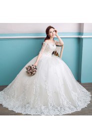 Ball Gown Off-the-shoulder Half Sleeve Wedding Dress with Pearl