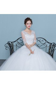 Ball Gown V-neck Half Sleeve Wedding Dress with Flower(s)