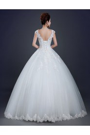 Ball Gown V-neck Cap Sleeve Wedding Dress with Embroidery