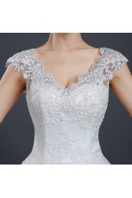 Ball Gown V-neck Cap Sleeve Wedding Dress with Embroidery