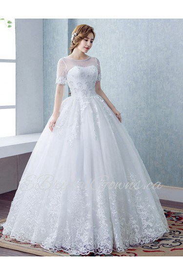 Ball Gown Scoop Short Sleeve Wedding Dress with Flower(s)