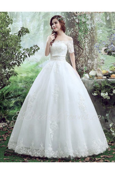 Ball Gown Off-the-shoulder Short Sleeve Wedding Dress with Beading