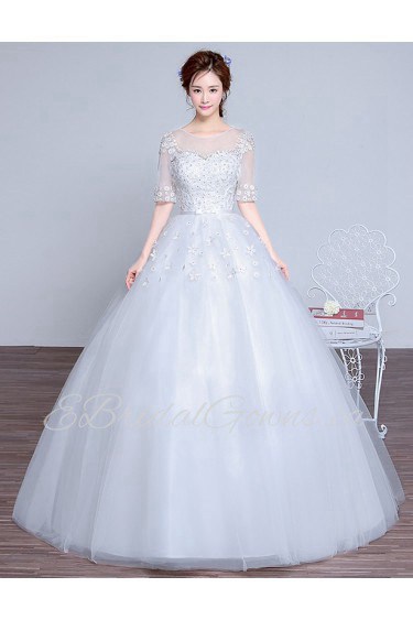 Ball Gown Scoop Half Sleeve Wedding Dress with Flower(s)