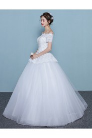 Ball Gown Off-the-shoulder Short Sleeve Wedding Dress with Flower(s)