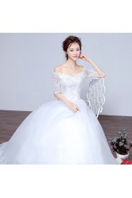 Ball Gown Off-the-shoulder Half Sleeve Wedding Dress with Crystal