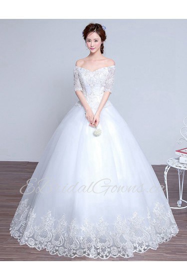 Ball Gown Off-the-shoulder Half Sleeve Wedding Dress with Crystal