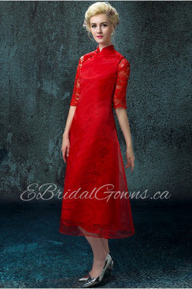 A-line High Neck Tea-length Prom / Evening Dress