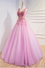 Ball Gown V-neck Tulle,Satin Quinceanera Dress