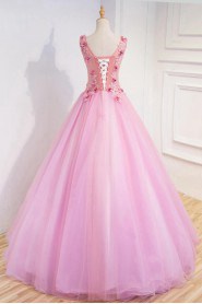 Ball Gown V-neck Tulle,Satin Quinceanera Dress