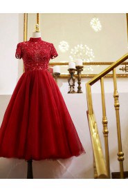 A-line High Neck Lace Tea-length Prom / Evening Dress