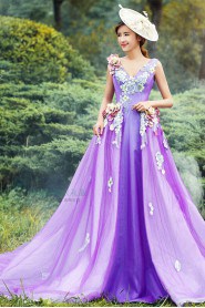 Ball Gown V-neck Tulle Prom / Evening Dress