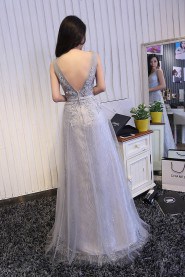 Sheath / Column V-neck Tulle Floor-length Prom / Evening Dress