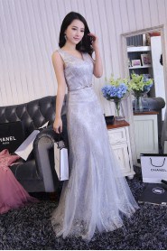 Sheath / Column V-neck Tulle,Satin Prom / Evening Dress