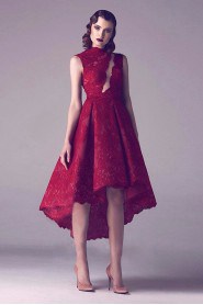 A-line High Neck Lace Tea-length Prom / Evening Dress