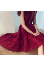 A-line High Neck Lace Tea-length Prom / Evening Dress