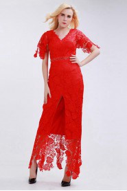 Sheath / Column V-neck Lace Ankle-length Prom / Evening Dress