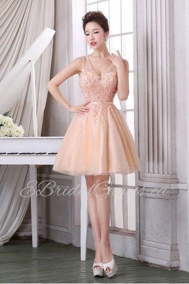 A-line V-neck Tulle Short / Mini Prom / Evening Dress