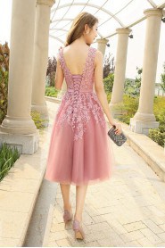 A-line Scoop Tulle Tea-length Prom / Evening Dress