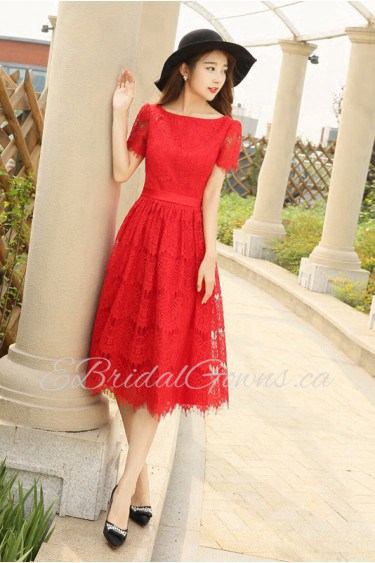 A-line Scoop Lace Knee-length Prom / Evening Dress