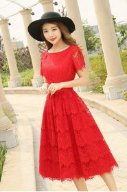 A-line Scoop Lace Knee-length Prom / Evening Dress