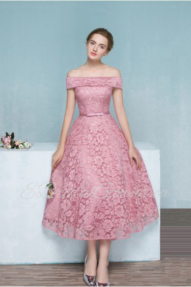 A-line Off-the-shoulder Tea-length Prom / Evening Dress