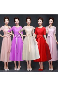 A-line Scoop Tulle,Lace Tea-length Prom / Evening Dress