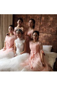A-line Scoop Tulle,Lace Tea-length Prom / Evening Dress